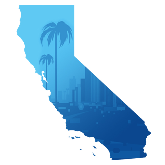 image a the state of California with a palm tree and city and blue overlay